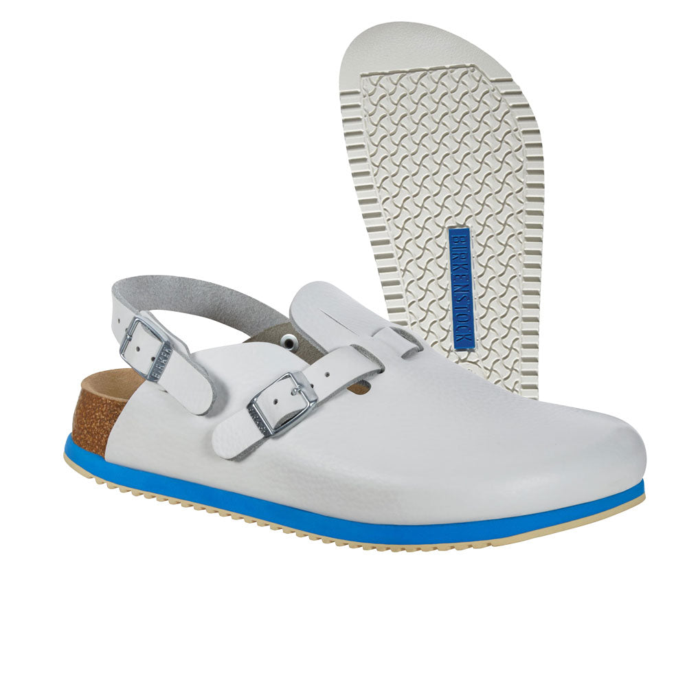 Birkenstock Kay SL Clog mit sichtbarer Laufsohle und zwei Riemen, weiß/blau