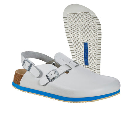Birkenstock Kay SL Clog mit sichtbarer Laufsohle und zwei Riemen, weiß/blau