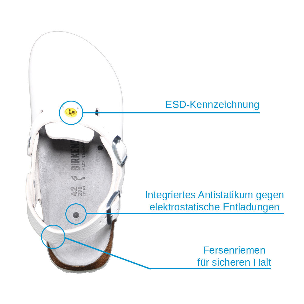Weißer Birkenstock Tokio ESD Clog: Antistatik, ESD-Kennzeichnung, Fersenriemen