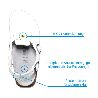Weißer Birkenstock Tokio ESD Clog: Antistatik, ESD-Kennzeichnung, Fersenriemen