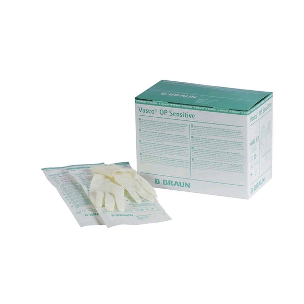OP-Handschuhe aus Naturlatex, naturfarben; Schachtel und verpackte Handschuhe, B. Braun