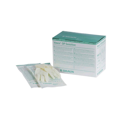 OP-Handschuhe aus Naturlatex, naturfarben; Schachtel und verpackte Handschuhe, B. Braun