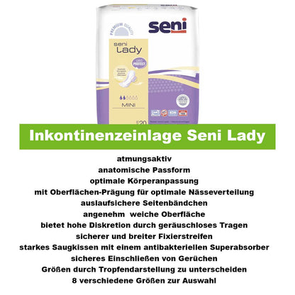 Seni Lady Inkontinenzeinlage Mini: atmungsaktiv, anatomische Passform, sichere Geruchskontrolle.