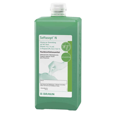 Hautdesinfektion Softasept® N farblos, grüne Flüssigflasche mit Etikett