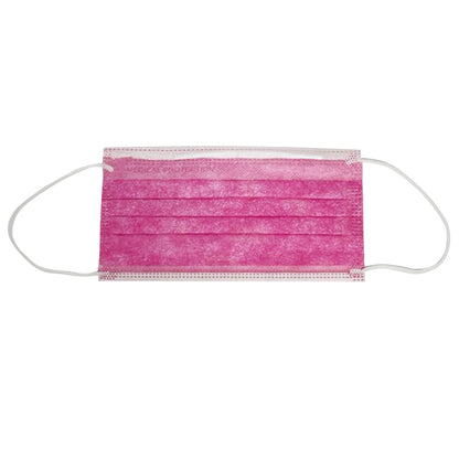 3-lagiger Mundschutz, pink, flach mit Ohrschlaufen und sichtbaren Falten.