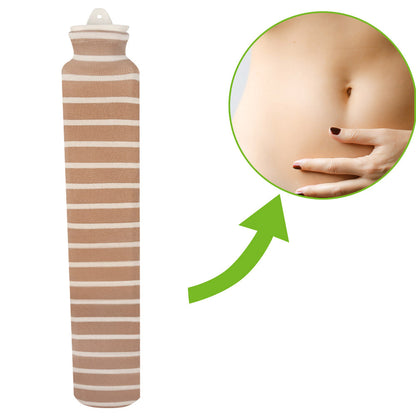 Wärmflasche mit Strickbezug, braun-weiß gestreift, mit Kappe