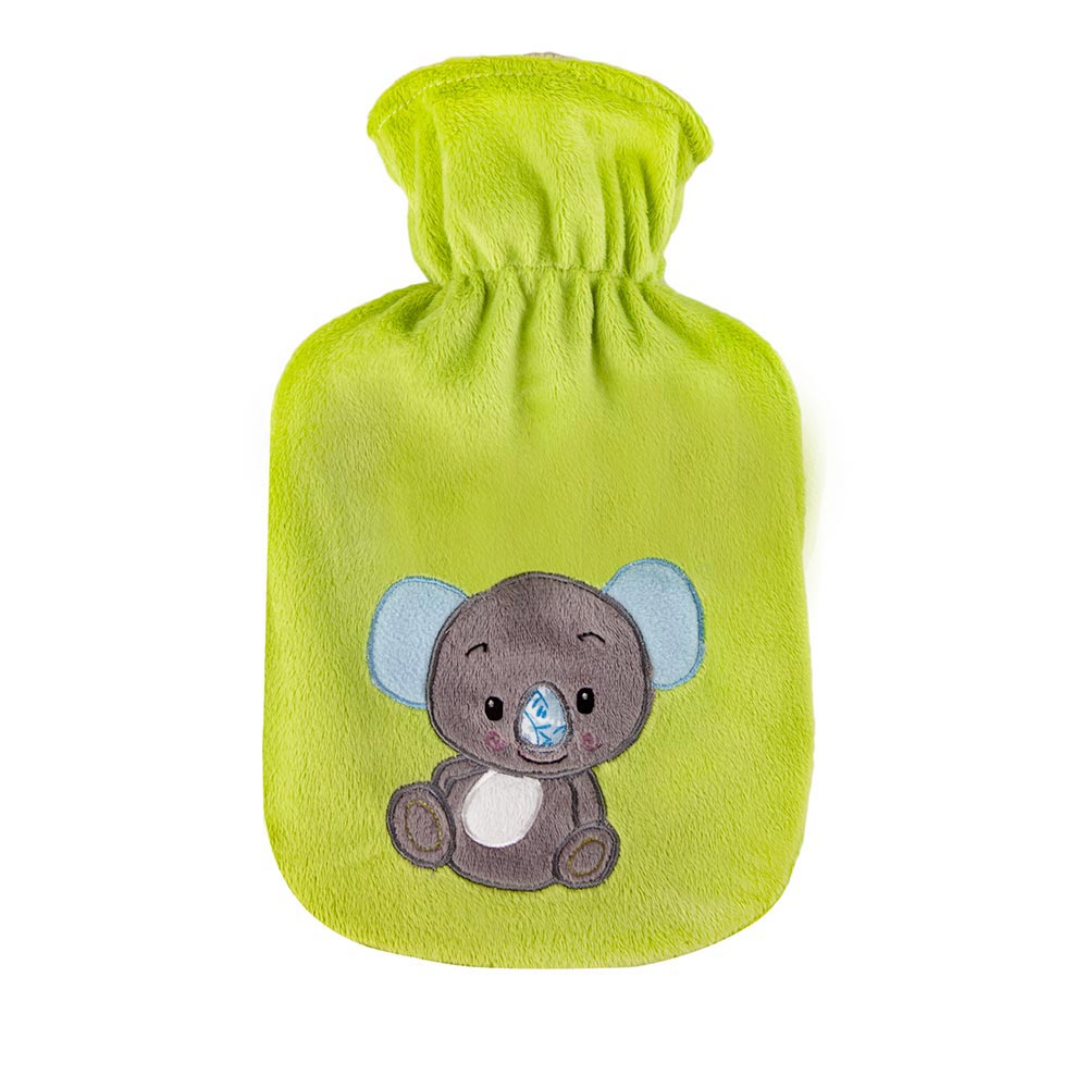 Wärmflasche mit Velourbezug in Grün, Koala-Motiv mittig