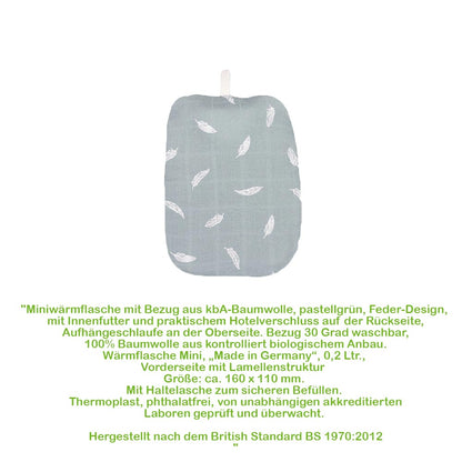 Mini-Wärmflasche mit Baumwollbezug, blau-grau, weiße Federn, Schlaufe oben