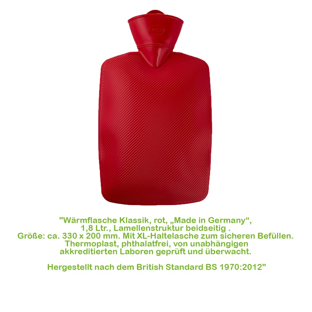 Hugo Frosch Klassik Wärmflasche 1,8 l mit Lamellenstruktur, rot