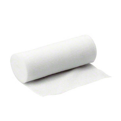 Elastischer Fixierverband als Rolle, weiß, mit ausgerolltem Bandstreifen