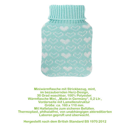 Mini-Wärmflasche mit Strickbezug in Mint mit Herzmuster