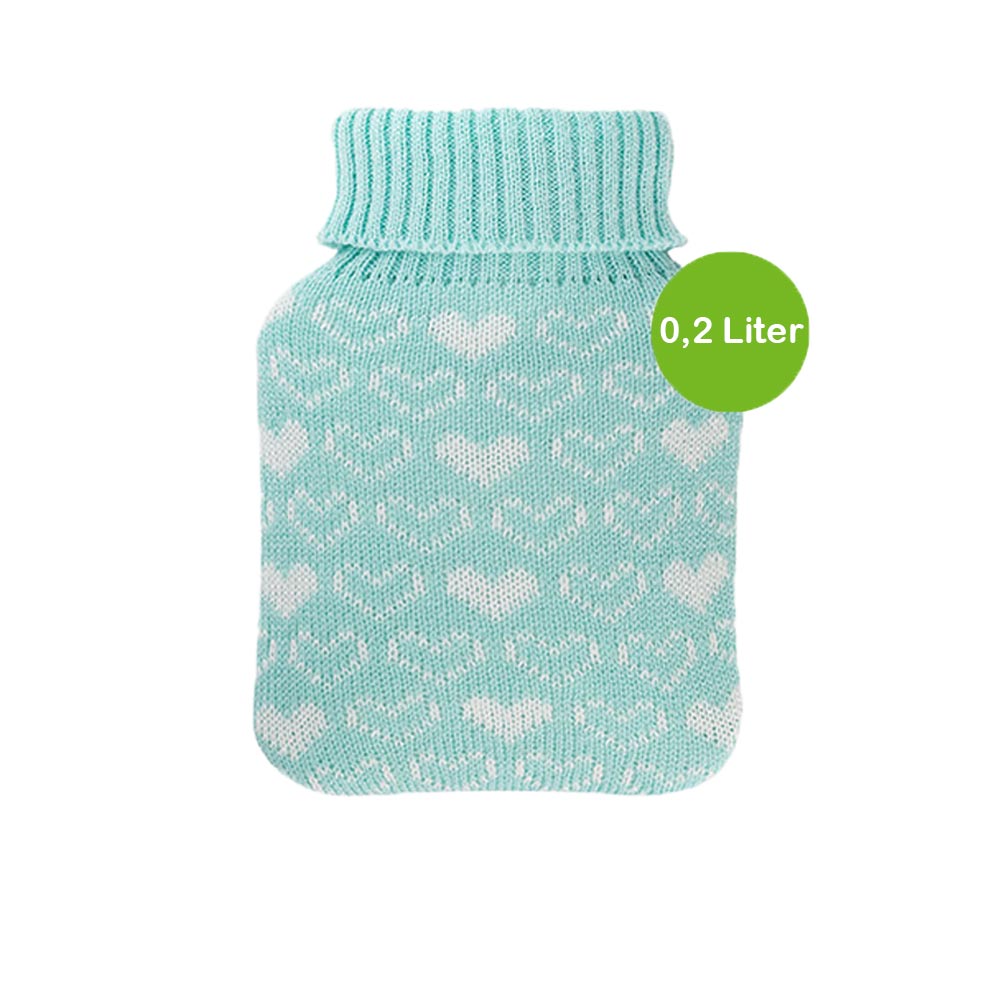 Mini-Wärmflasche 0,2 L mit Strickbezug in Mint, Herzmuster