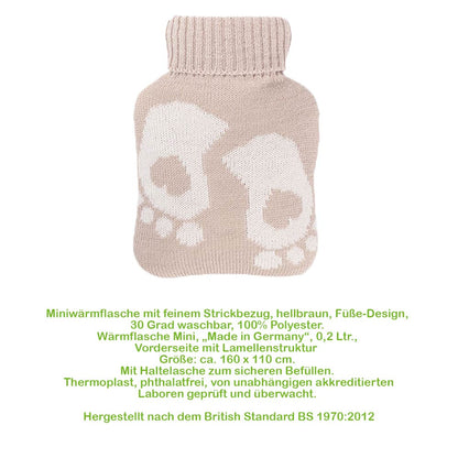 Mini-Wärmflasche mit Strickbezug beige und Füße-Muster, gerippter Halsbund