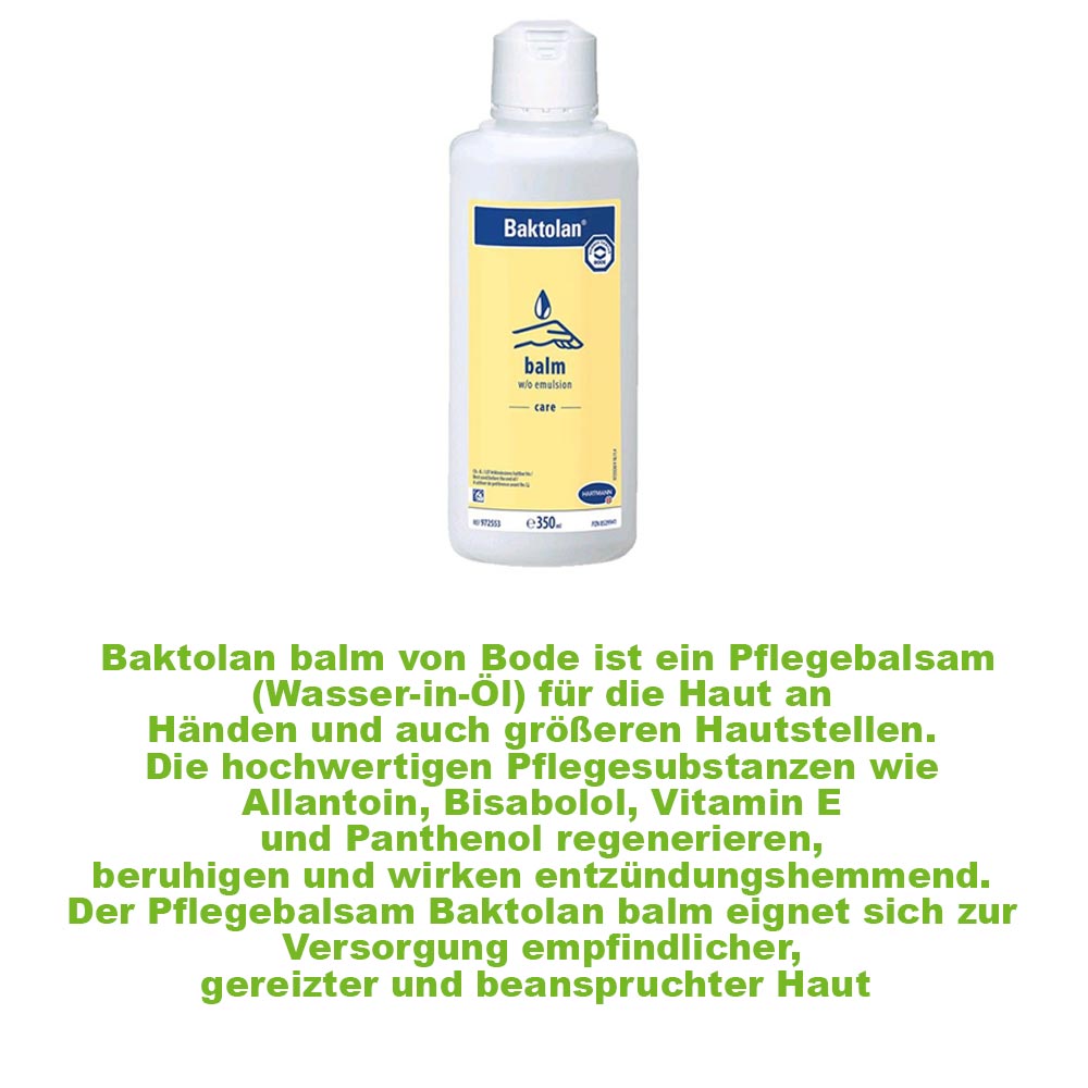 Baktolan Pflegebalsam auf weißer Flasche, gelbes Etikett mit Tropfensymbol