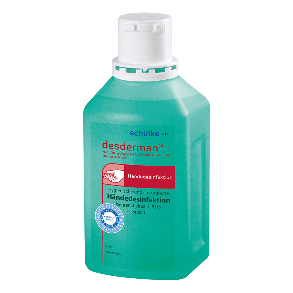 Händedesinfektionsmittel desderman von schülke, türkisfarbene Flasche mit Etikett und weißem Deckel