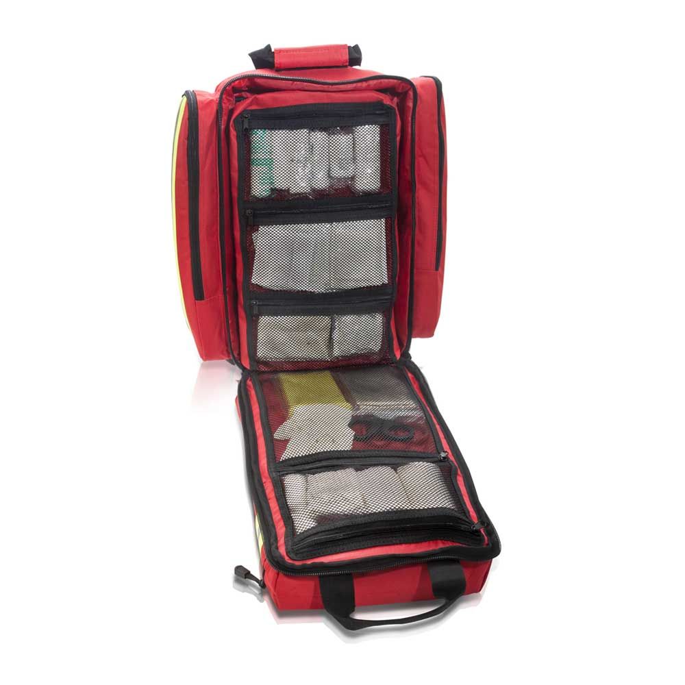 Notfallrucksack mit geöffneten Netzfächern und elastischen Schlaufen innen