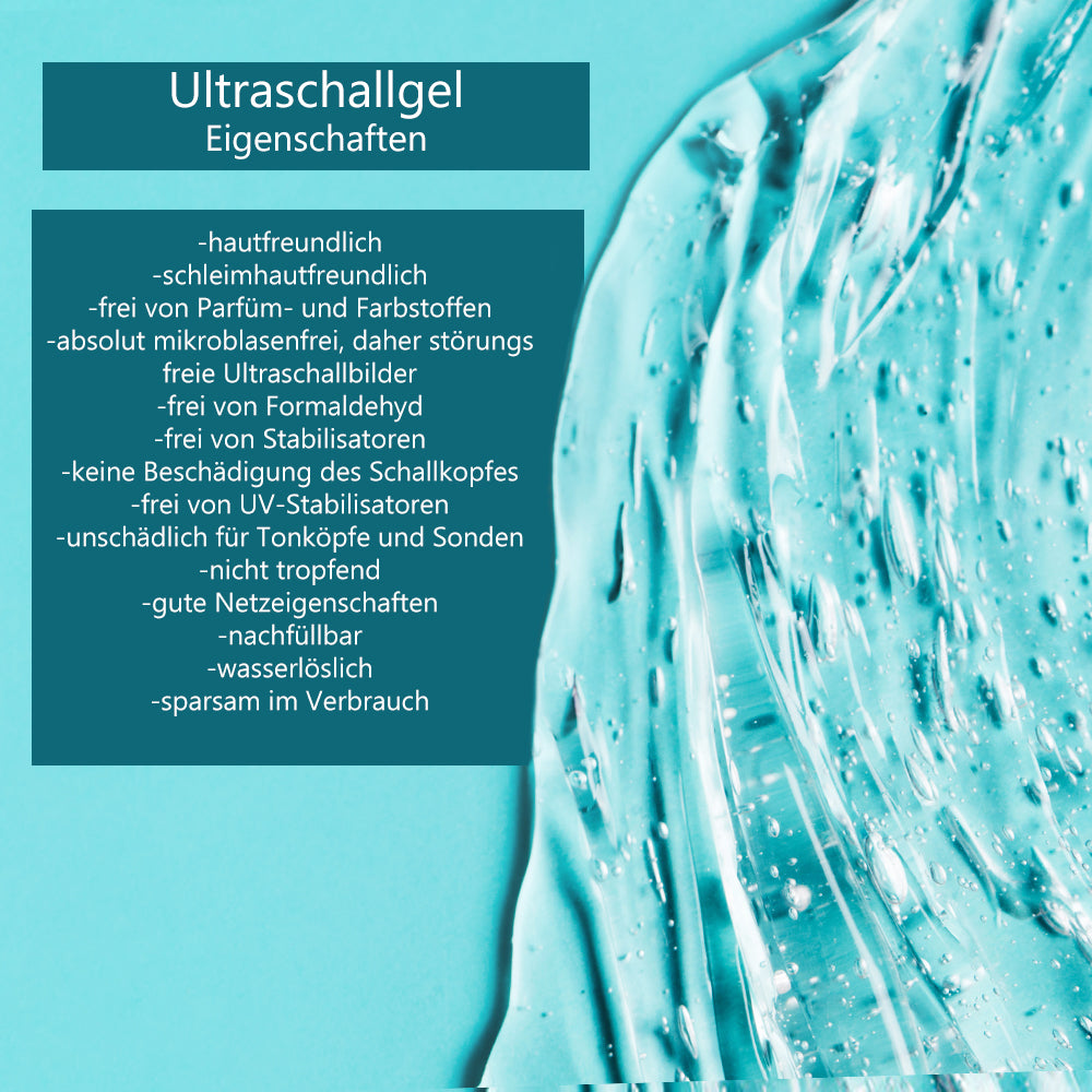 Infografik: Eigenschaften von Ultraschallgel, blaues Layout mit Text