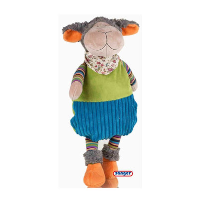 Wärmflasche mit Plüschbezug Hund, grau mit grünem Latz und blauem Strickrock