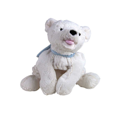 Kinder-Wärmflasche mit Bären-Kuscheltier-Bezug, weißer Plüsch, blaues Halstuch
