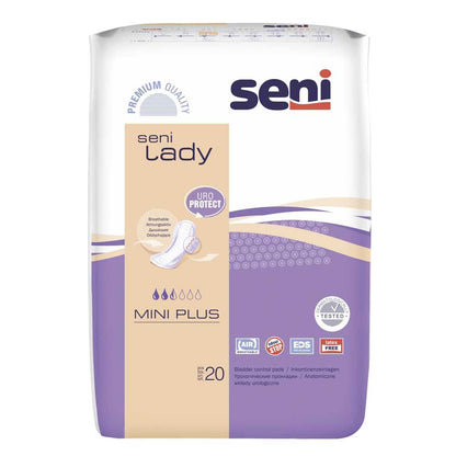 Seni Lady Inkontinenzeinlagen, Mini Plus Packung; indikationsseitig mit Uro Protect Logo.