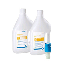Schülke aspirmatic® Dental-Desinfektionsmittel: zwei weiße Flaschen, blauer Dosieraufsatz