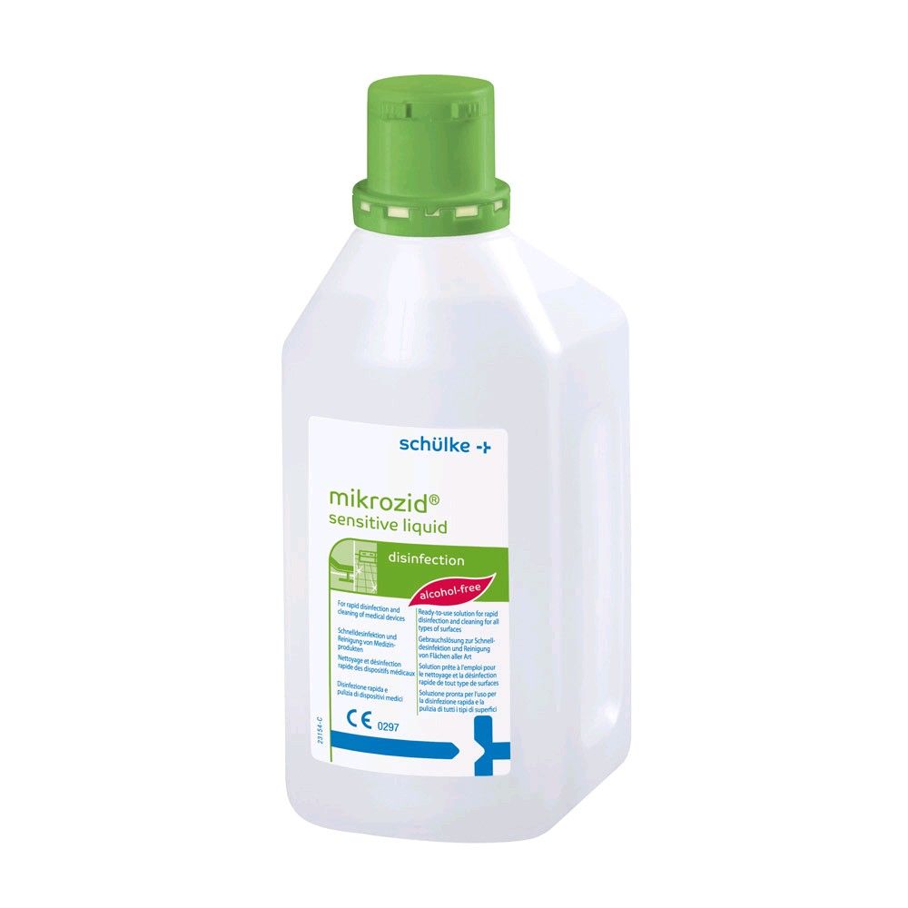 Flächendesinfektionsmittel mikrozid® sensitive liquid im 1-Liter-Flakon, grünem Deckel