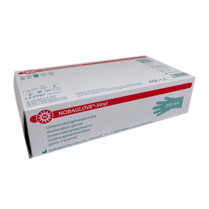 NOBAGLOVE®-Vinyl Untersuchungshandschuhe Packung, Seitenansicht mit Text und Farbsymbolen