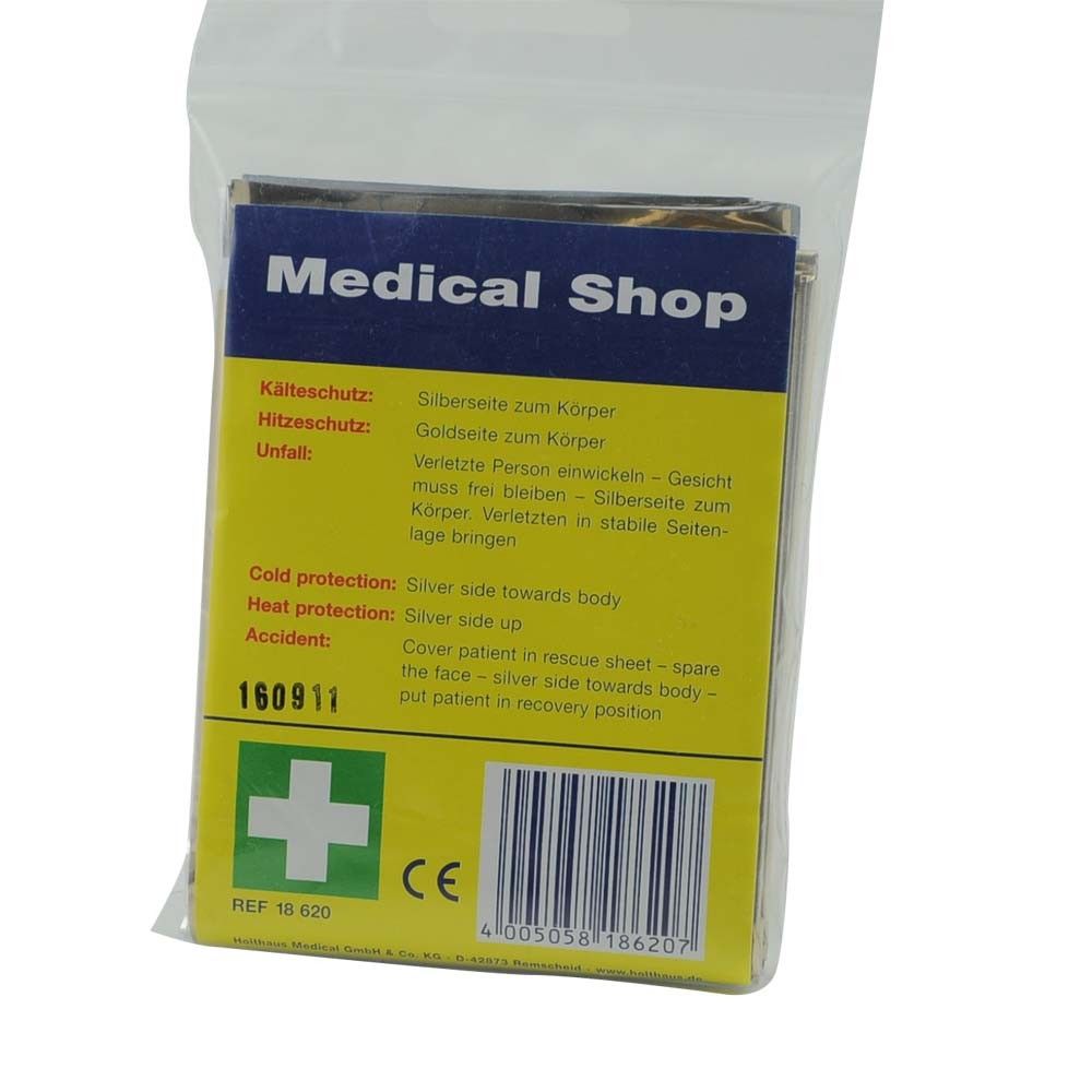 Rettungsdecke-Verpackung mit Barcode und CE-Zeichen, gold/silber