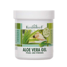 Aloe-Vera-Gel im weißen Tiegel mit grüner Aloe-Beschriftung und Schraubdeckel