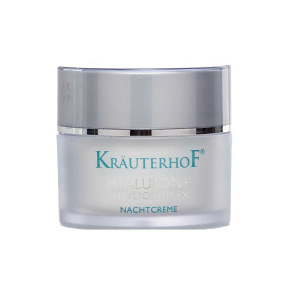 Nachtcreme-Kosmetikglas mit silbernem Deckel, Kräuterhof Hyaluron+ Phytokomplex