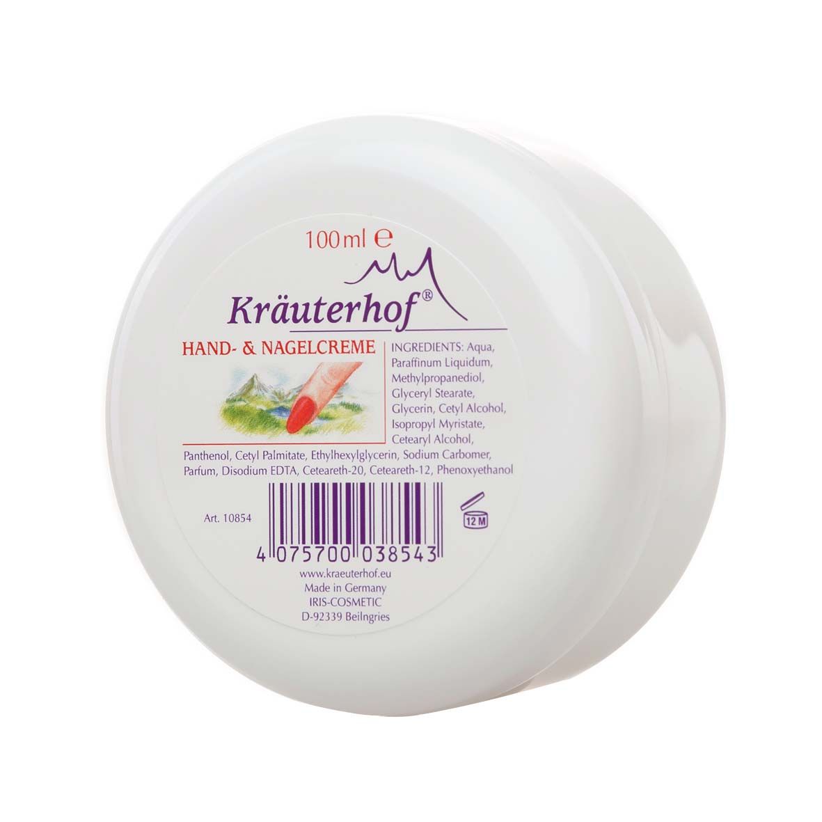 Asam Kräuterhof® Hand- und Nagelcreme: Rückseite mit Inhaltsstoffen auf weißem Tiegel
