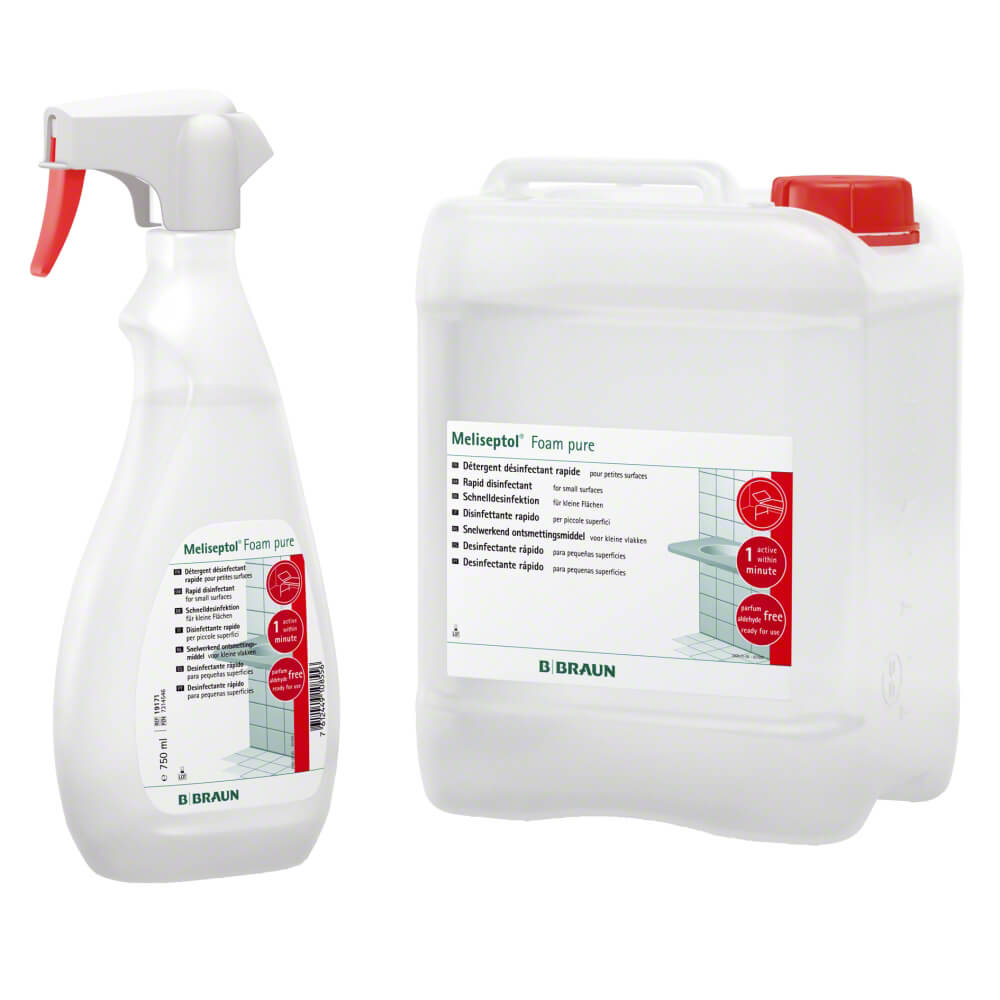 Braun Meliseptol® Foam pure Flächendesinfektionsschaum in Sprühflasche, Etikett sichtbar
