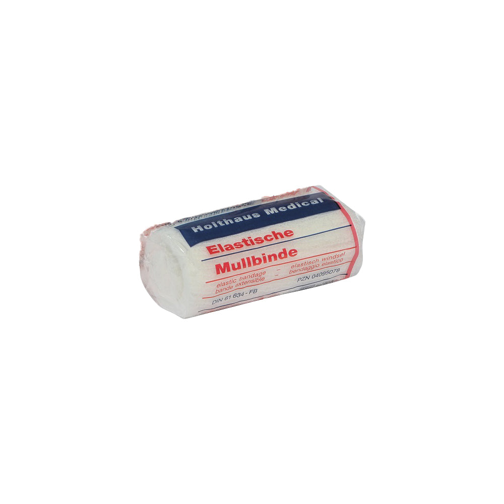 Rolle elastischer Mullbinde in Folienverpackung, mit rotem und blauem Aufdruck
