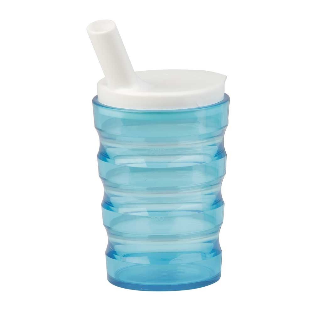 Trinkbecher mit Trinkhalm, gerippt, auslaufsicher, bruchsicher, hellblau