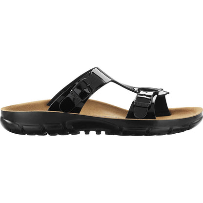 Schmale Birkenstock-Sandale mit schwarzem Birko-Flor-Riemen, zwei Schnallen und Profilsohle