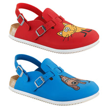 Birkenstock-Schlappen mit Tiermotiv, rote und blaue Clogs mit Riemen und Schnallen