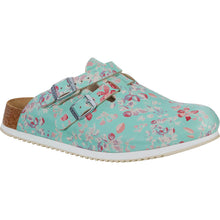 Birkenstock Clog Türkis mit Blumenprint, zwei Gurt-Schnallen mit Metallösen