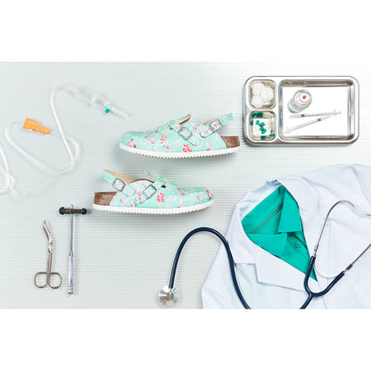 Birkenstock Schmaler Sneaker mit mintfarbenem Blumenmuster, seitliche Ansicht