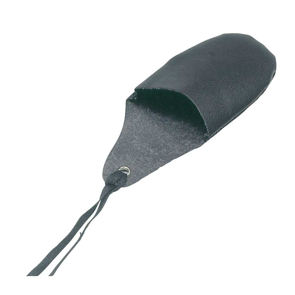Schwarzer Lederfingerling mit Bindeband-Schlaufen und abgerundeter Spitze