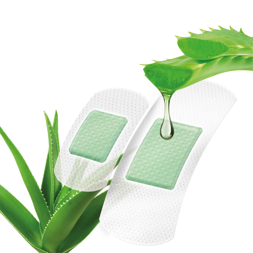Pflasterstrips mit Aloe-vera-Wundauflage, weiß, grüne Klebepads und Tropfendetail
