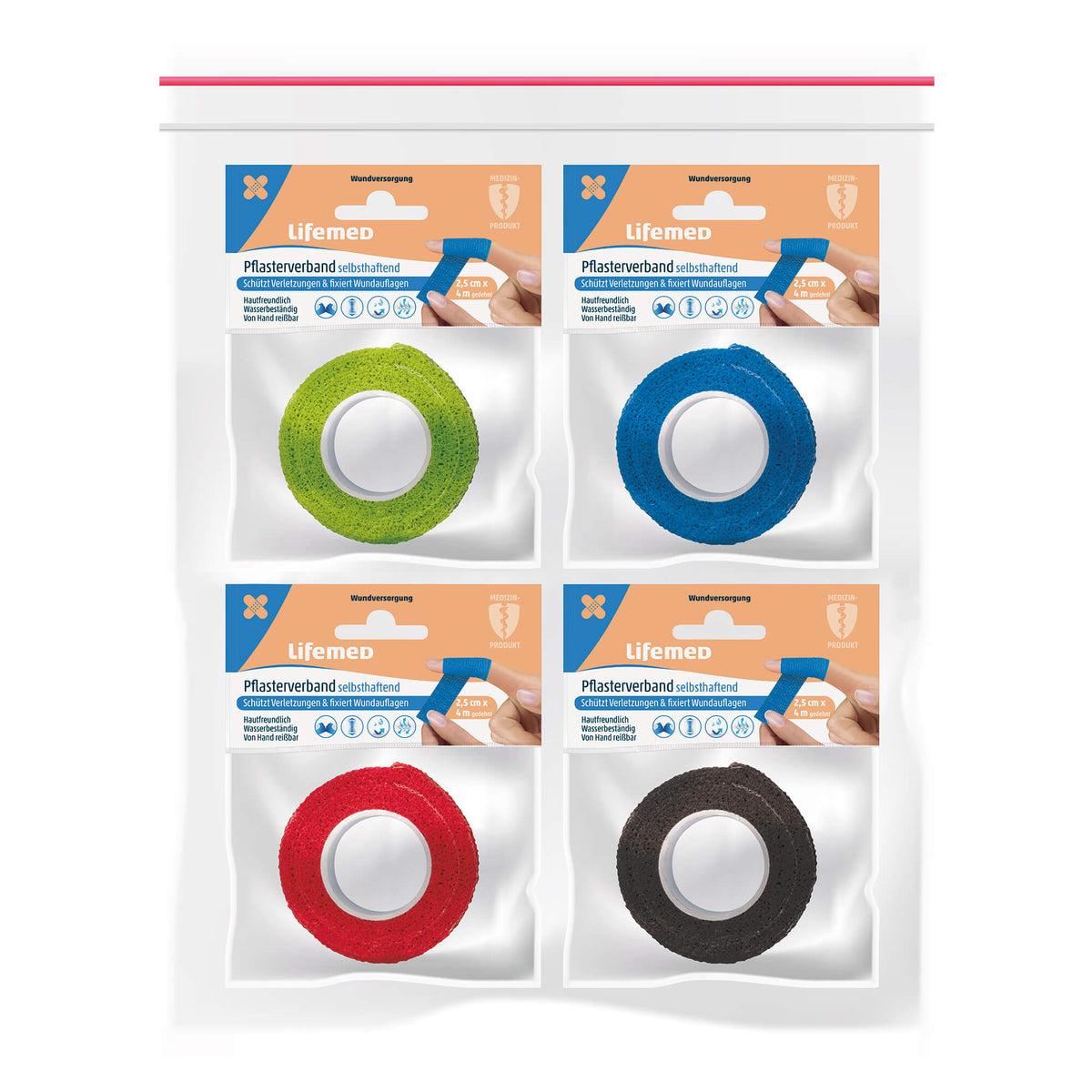4er-Set selbsthaftender Pflasterverband in Grün, Blau, Rot und Schwarz, Lifemed®