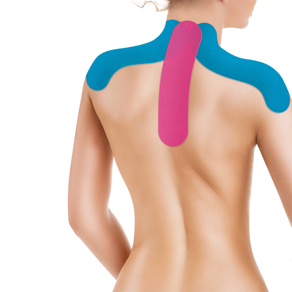 Physiotapes Nacken mit blauen und pinken Streifen am Rücken und Nacken