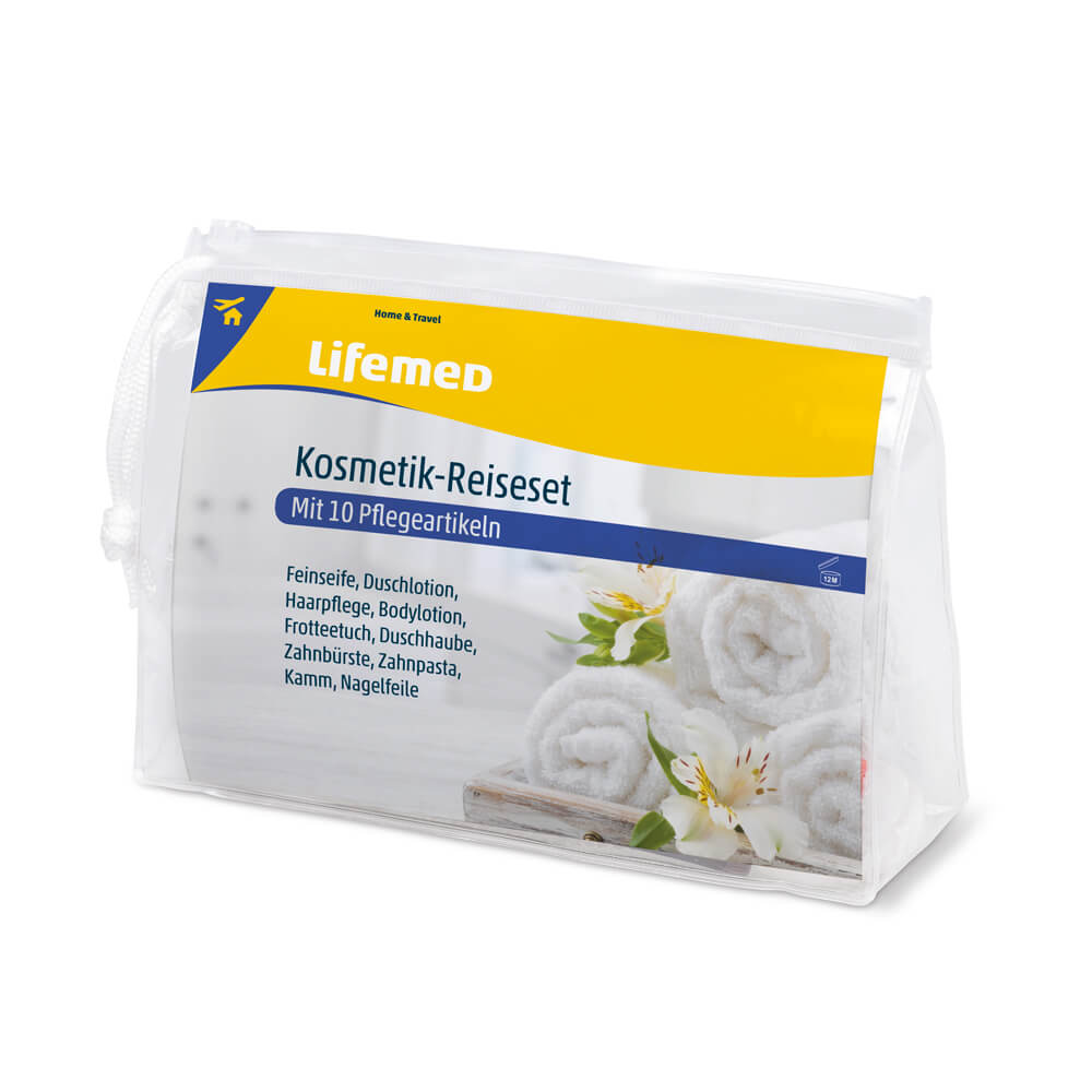 Wiederverwendbares Kosmetik-Reiseset von Lifemed® in transparenter Tasche, 10-teilig