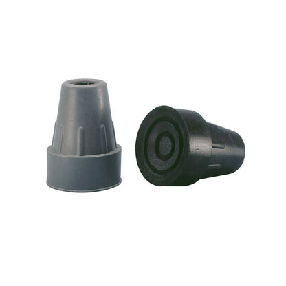 Gleitsichere Krückenkapsel, abriebfest: graue und schwarze Gummiaufsätze mit runder Laufauflage.