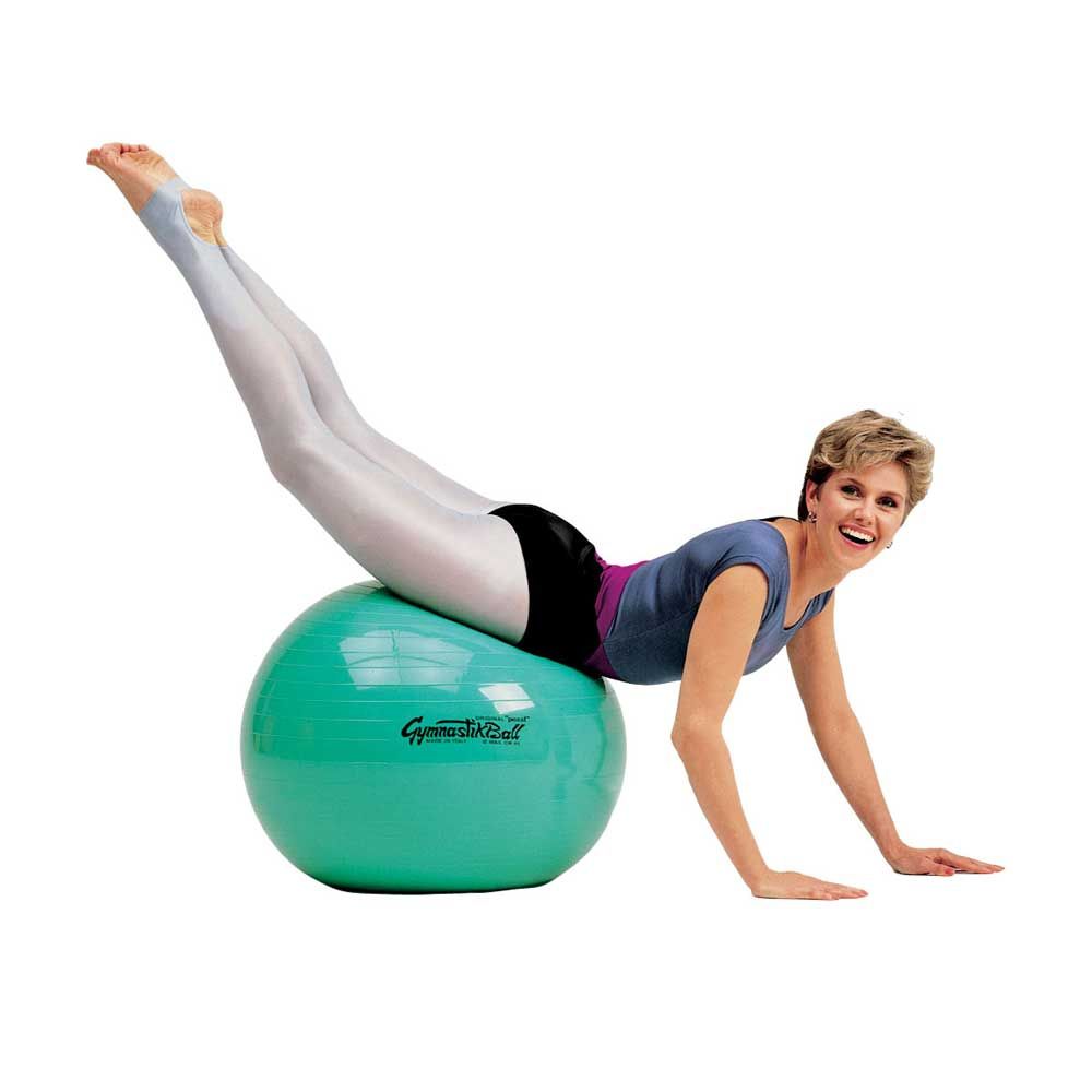 Gymnastikball aus Kunststoff, hochelastisch, grüner Ball mit Fitness-Training an den Händen