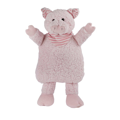 Plüsch-Wärmflaschenbezug Schwein in Rosa mit gestreifter Schleife um den Hals