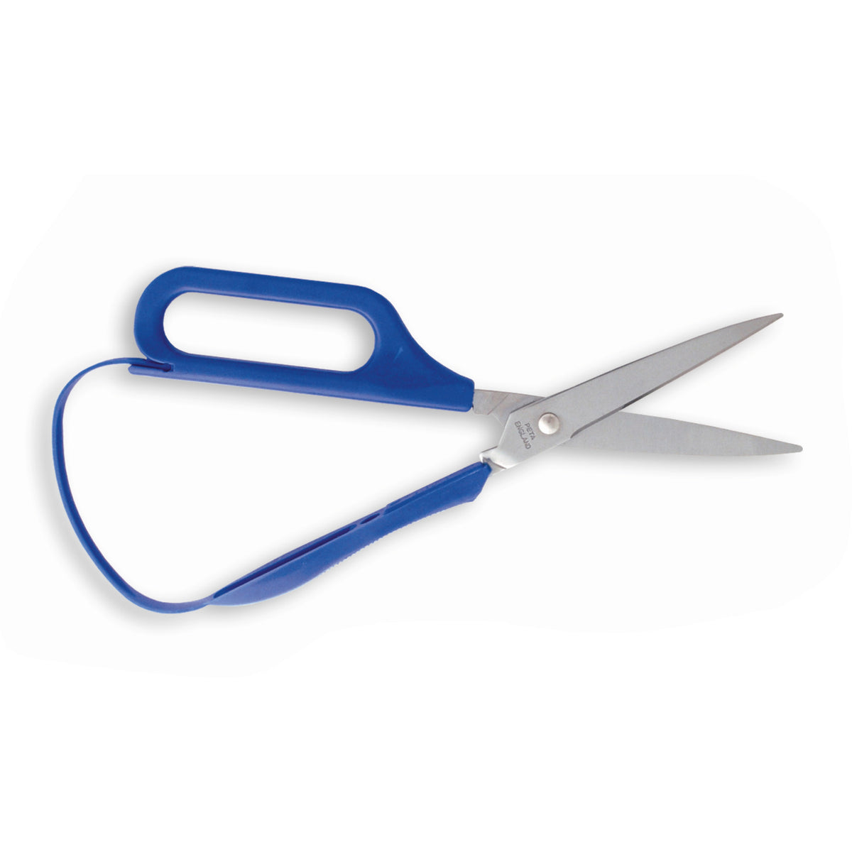 Schere mit Fingerloch, blaues Griffteil und sichtbare Stahlschneiden