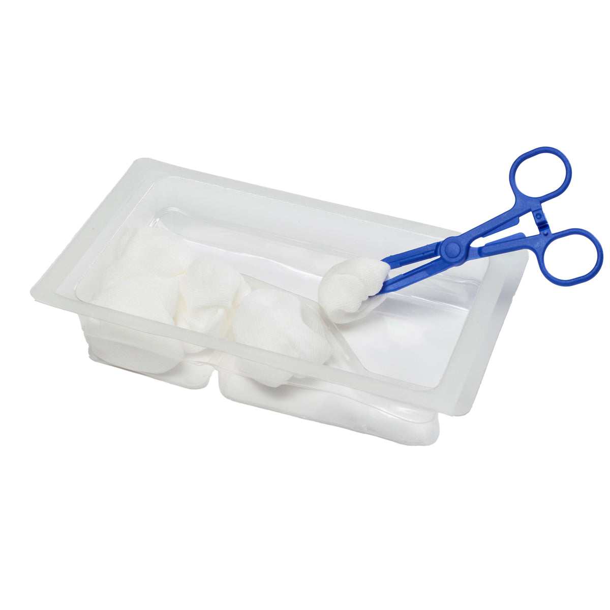 Steriles Desinfektions-Set in Einzelschale mit Tupfern und blauen Pinzetten