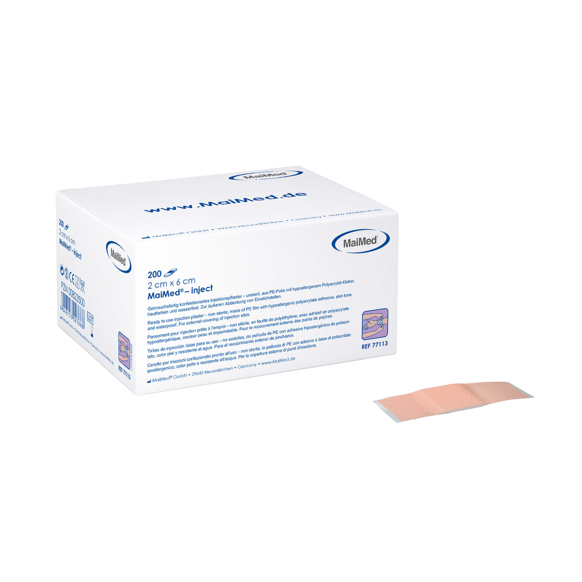 MaiMed Inject wasserfeste Injektionspflaster, 200 Stück, auf Kartonverpackung mit Pflaster