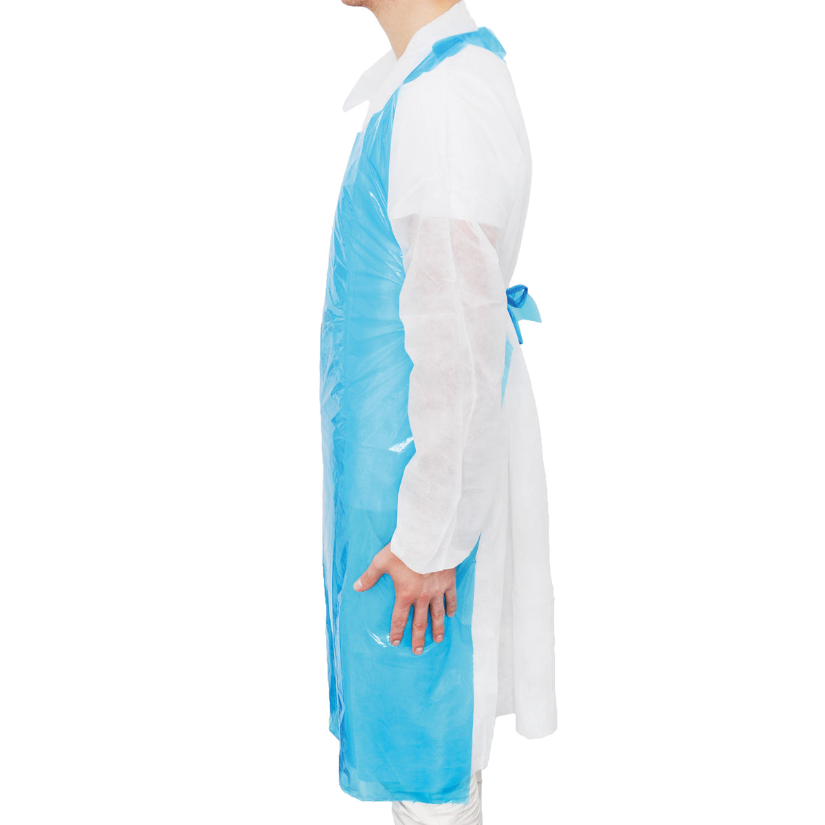 Schürze mit blauem Latz und weißem Körper, seitliche Bindebänder